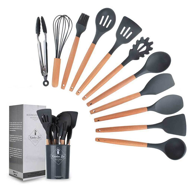 12 pièces Silicone ustensiles de cuisine ustensiles de cuisine ensemble résistant à la chaleur cuisine antiadhésive ustensiles de cuisine outils de cuisson: Black