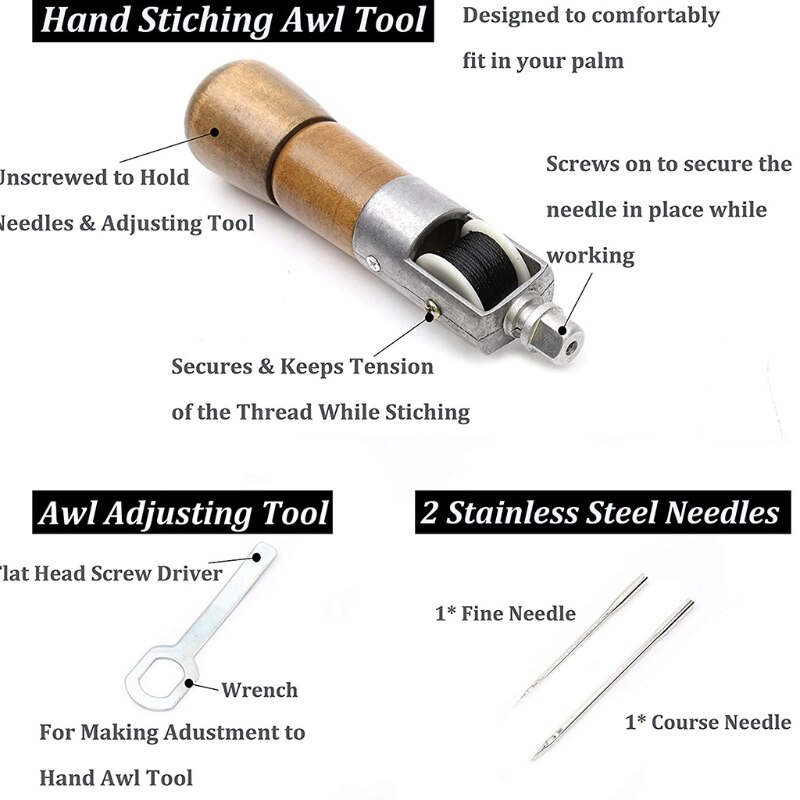 Diy Handmade Leather Tool Leather Hand-stitching Tool Lock Stitching Sewing Awl Leather Hand Stitcher Thread Needles Kit