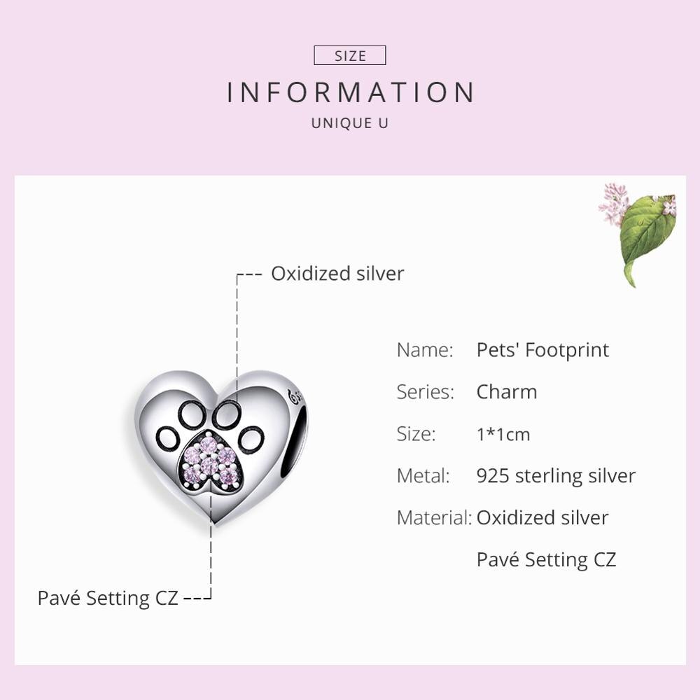 Wostu 925 sterling sølv kat pote fodspor charme pink hjerte perle fit original armbånd vedhæng smykker til kvinder ctc 209