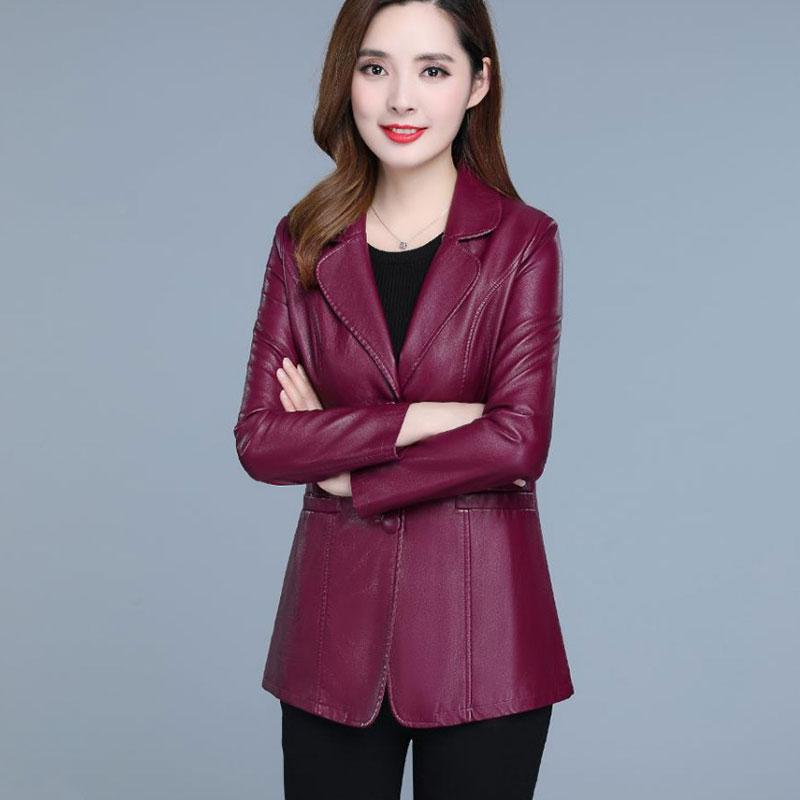 Lusumily vår høst kort jakke i imitert skinn kvinner xl -6xl pluss størrelse koreansk stil kausal slank skinnjakke kvinne: Lilla / Xxl