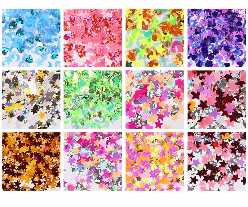 12 gitter boks negle dekoration sæt stjerne og måne blandet pailletter blød keramik negle dekoration nail art tilbehør tslm 1