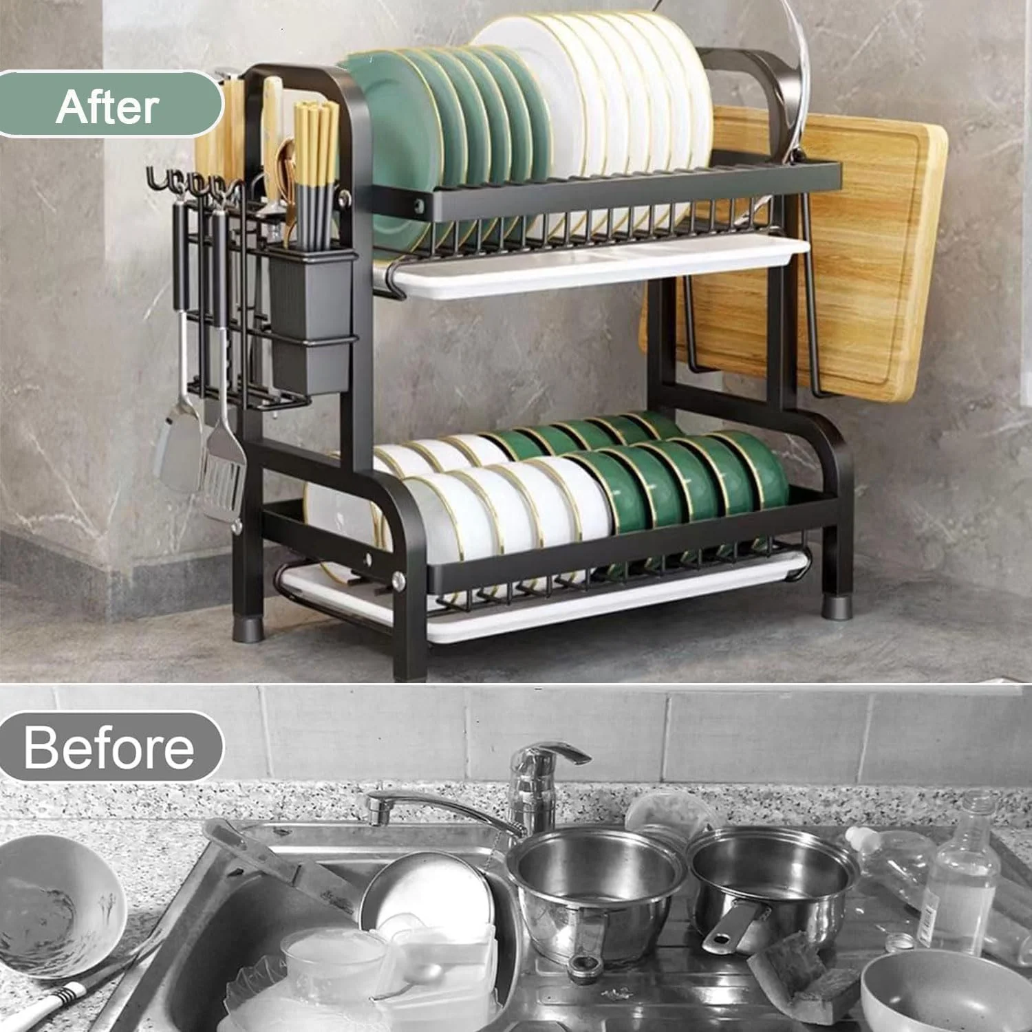 2-laags roestvrijstalen schoteldroogrek Compacte keukenorganizer met plaathouder Ruimtebesparende aanrechtopslag voor ruimtes