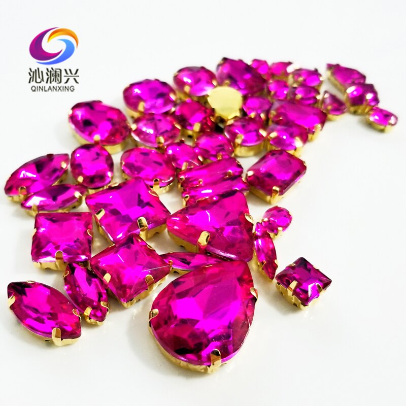 58 stks/pak Goud bodem Rose rood mix vorm top crystal glas naaien op stenen, super flash klauw strass diy/Kleding accessoires