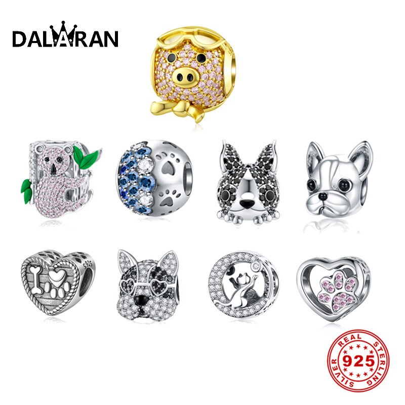 DALARAN 925 Sterling Silver Charm Bead Love Pets Dog Cat Paw Print Koala Pig Charms Fit Bracelets Women DIY Jewelry