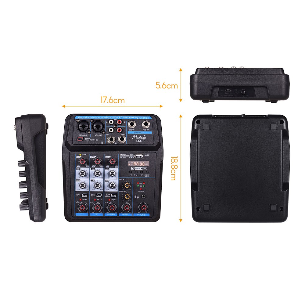 Muslady-mezclador de Audio U4 portátil, 4 canales, BT, USB, consola de mezcla con tarjeta de sonido integrada, 48V, Phantom Power, enchufe de la UE/EE. UU.