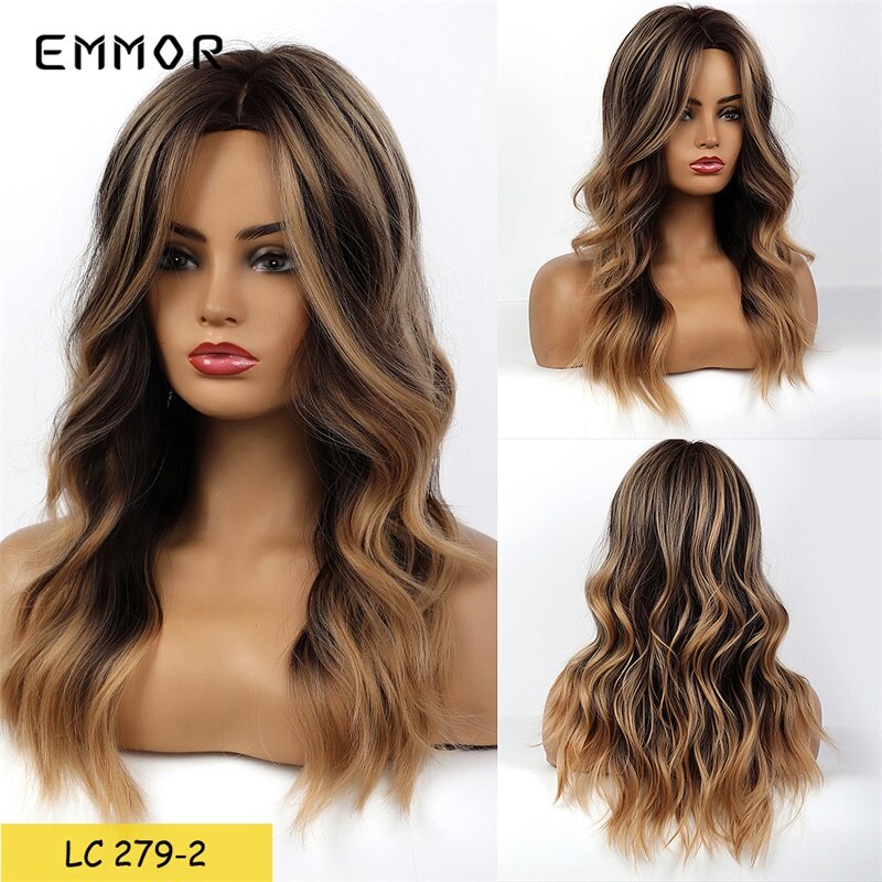 Pelucas largas de pelo sintético ondulado emmor, color castaño oscuro con reflejos rojizos y flequillo, con degradado de alta temperatura para uso diario.: Lc279-2