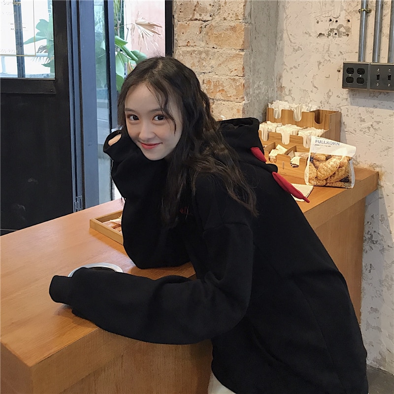 Devil horn hoodie streetwear devil hoodie gothic hooded hoodie kvinnor lösa svarta hooded pollovers sweatshirts oversize harajuku