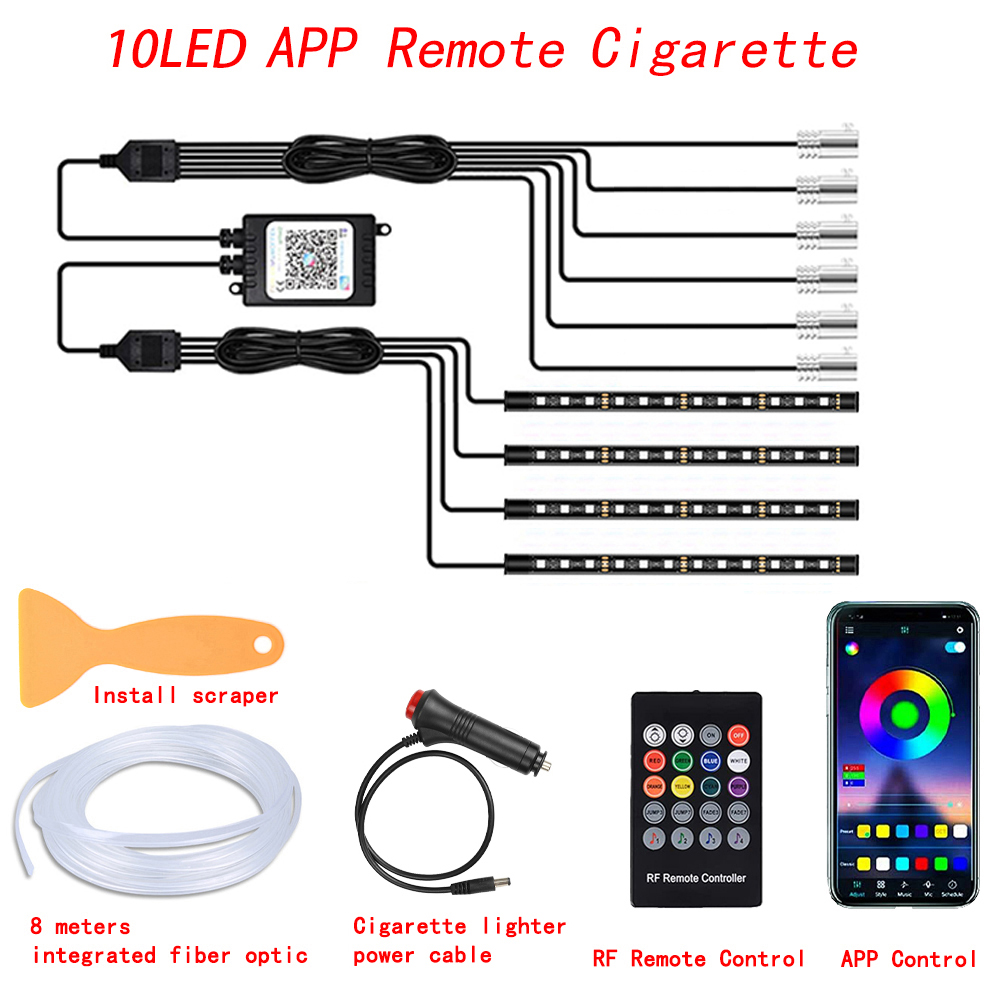Tira de luces LED para Interior de coche, Kit de iluminación de neón de fibra óptica RGB con Control remoto por aplicación, lámparas decorativas automáticas: changeable
