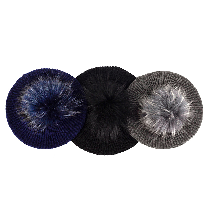 Vrouwen & # 39;s Gebreide Elegante Baretten Zacht Met Echte Pompom Vrouwelijke Kunstenaar Mode Retro Hoeden Dame Effen Kleur Franse Eenvoud Caps