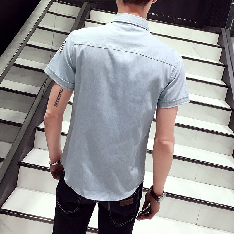 Jeansskjorta herr sommarstil kortärmad fritidsskjorta smal bomull camisa social masculina storlek 3xl