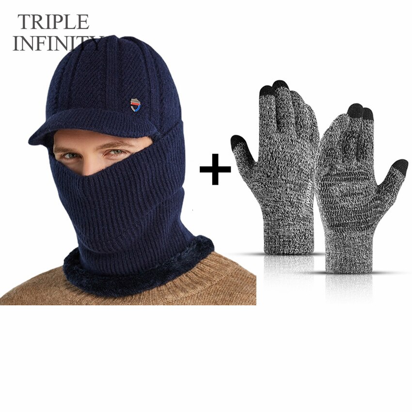 TRIPLE INFINITY Winter Men Knitted Hat Thick Windproof Dust-proof Sun Visor Hats Outdoor Cycling Warm Bonnet Male Baseball Cap: Winter Warm Set F