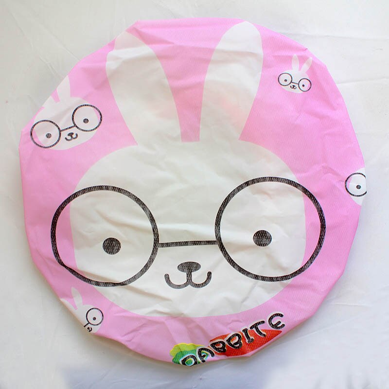 Gorra de baño para la ducha con dibujos animados, gorro de encaje elástico para baño y saunas, gorro para spa, protección para el cabello para niños y mujeres: Pink Rabbit