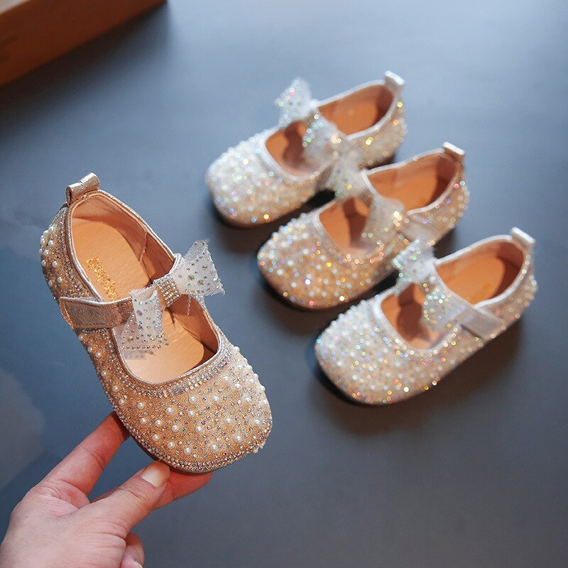 Girl's Princess Shoes Children's Bow Rhinestone Leather Kids Shoe 2022 Baby Girls Party Student Flat Shoes E584