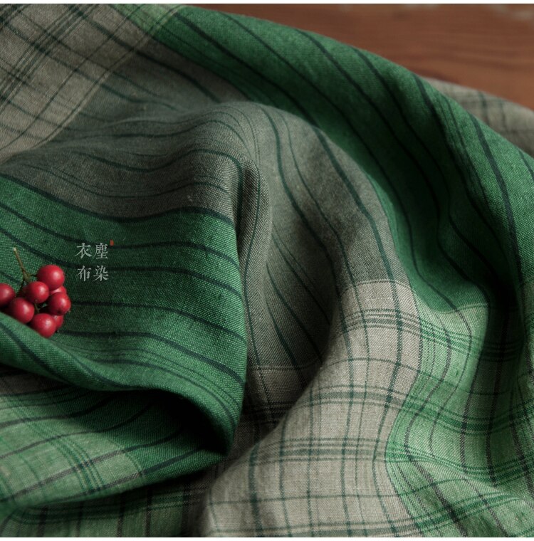 reinem leinen flachs garn-gefärbt überprüft Quadrille stoff Aqua wald grün farbige gewebte tuch frau kleid Wind Mantel