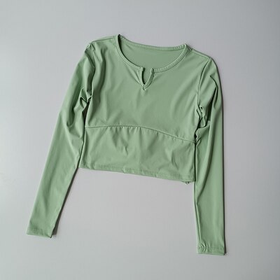 #39 , figurbetontes sport-langarmshirt für damen mit freiem bauchnabel, v-ausschnitt und offenem rücken – schnelltrocknend, ideal zum laufen, trainieren, fitness und yoga.: Grün / S