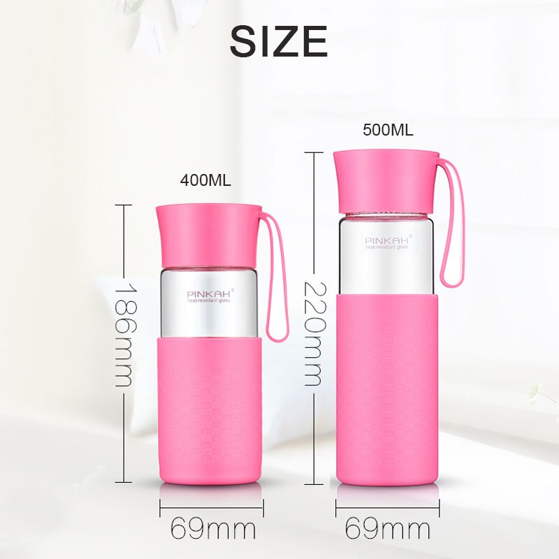 Pinkah glas vattenflaska bpa fri hög borosilikat glas tekopp läckagesäker bärbar med skyddande silikonfodral 400/500ml