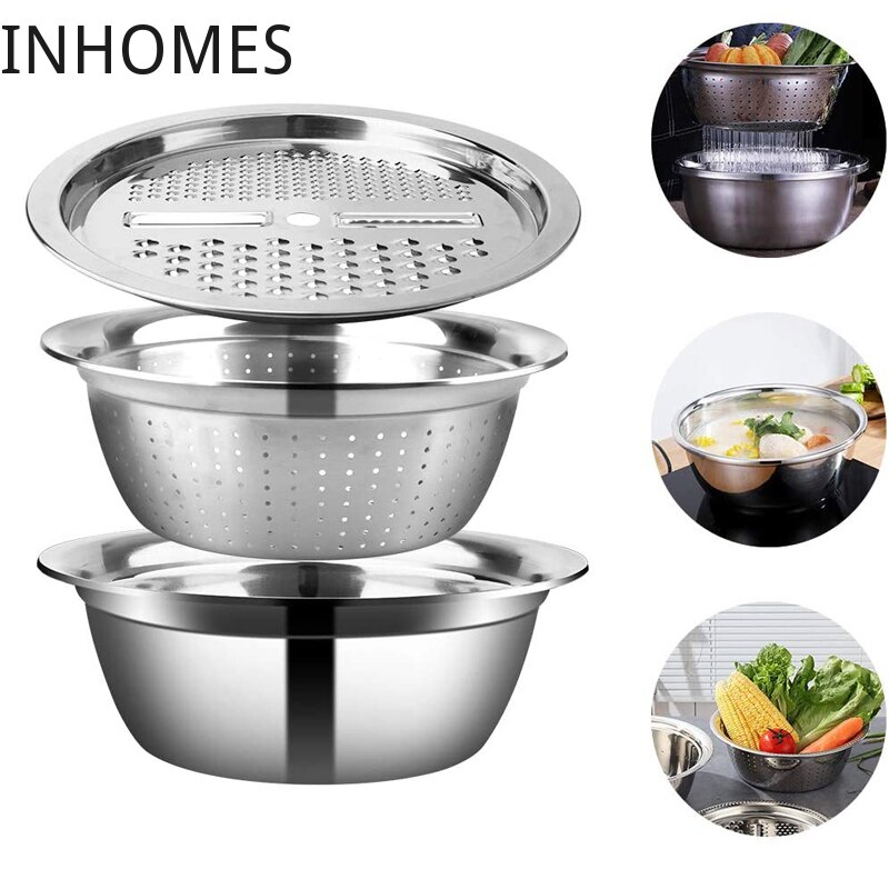 3 In 1 Multifunctionele Rvs Keuken Groente Wastafel Rasp Slicer Cutter Aardappel Fruit Julienne Rasp Met Afvoer Mand