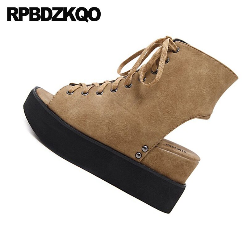 Støvler sko støvletter snøre harajuku kvinder wedge platform sandaler damer peep toe pumps brun sommer slingback høje hæle