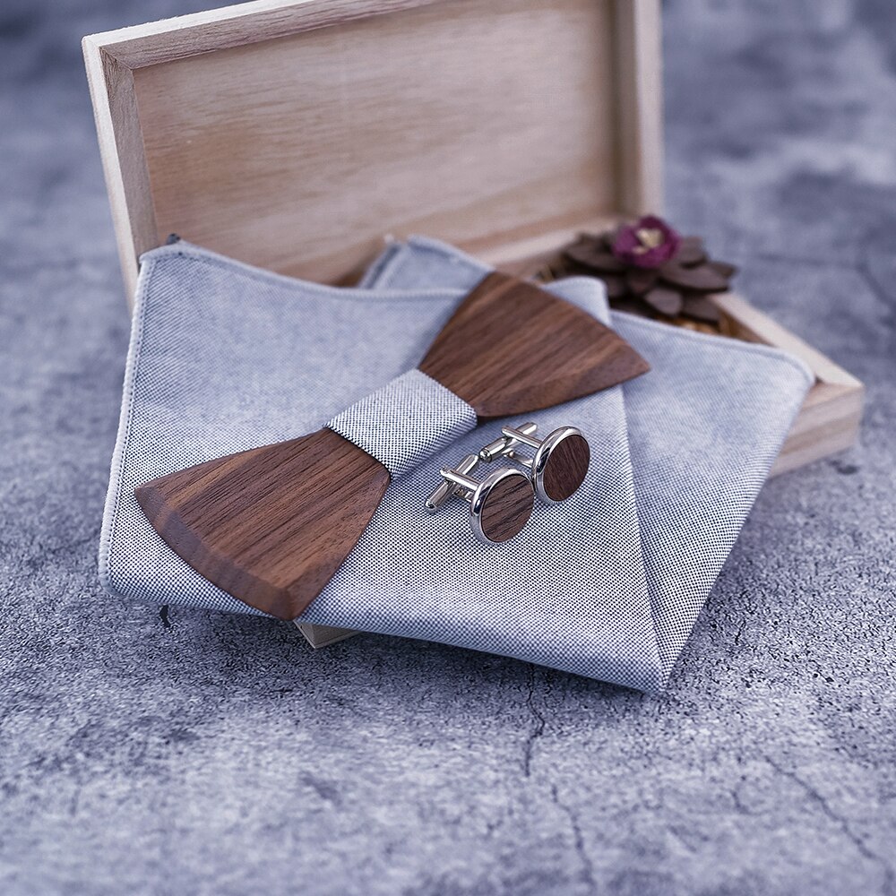 Corbata de lazo Manual madera corbata pañuelo conjunto pajarita de los hombres Grey Color madera hueco tallado y caja de los lazos de los hombres de de boda