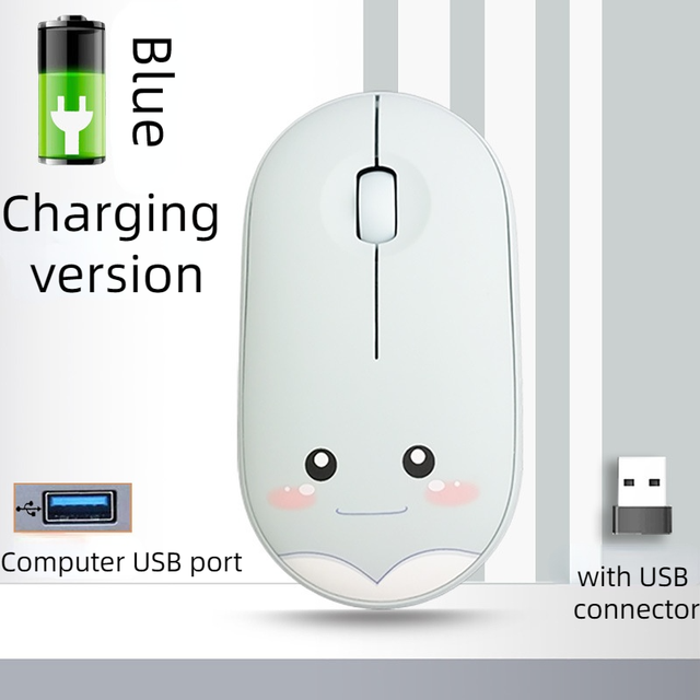 M106 wireless mouse cute cartoon mute 1200DPI Bluetooth wireless mouse USB charging 2.4G mouse suitable for office laptop: Charging blue