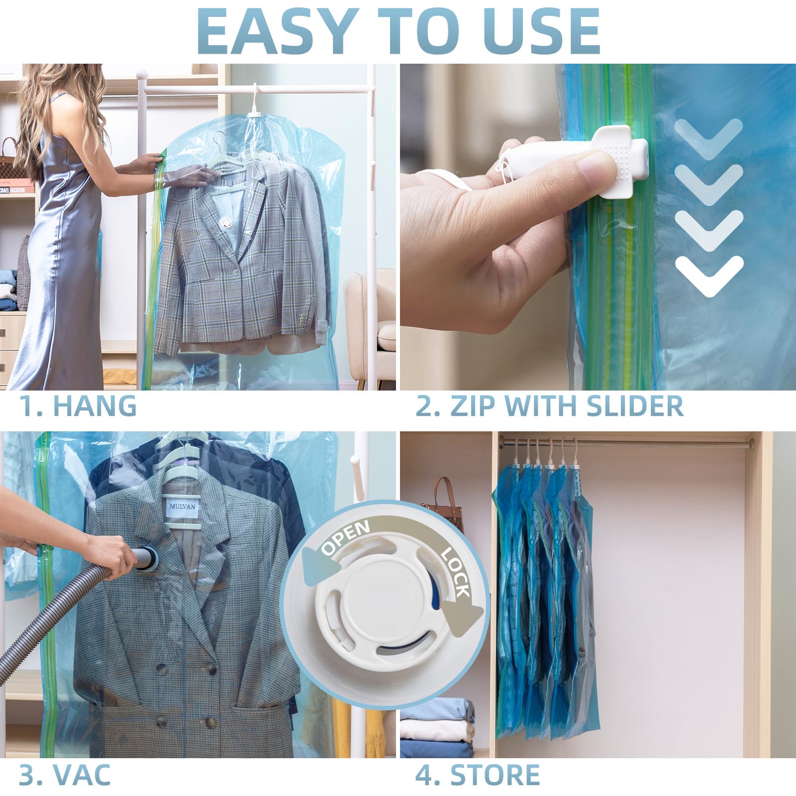 TAILI Hanging Vacuum Storage Bags for Clothes 4pcs Vacuum Coat Bags for Suits, Jackets, Dresses, Closet Space Saver Vacuum Bags