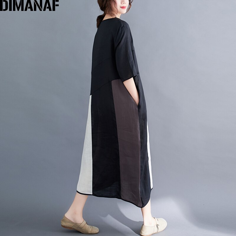 DIMANAF-vestido holgado de talla grande de algodón y lino para verano, traje de retazos negro para mujer