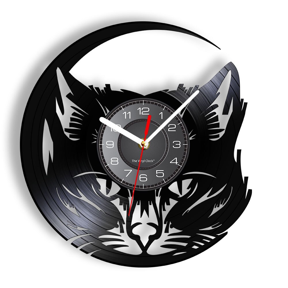 Meow gato cabeça relógio de parede preto gato vinil registro relógio de parede arte gato loja decoração do vintage animais gato amante casa decorativa relógio: Without LED