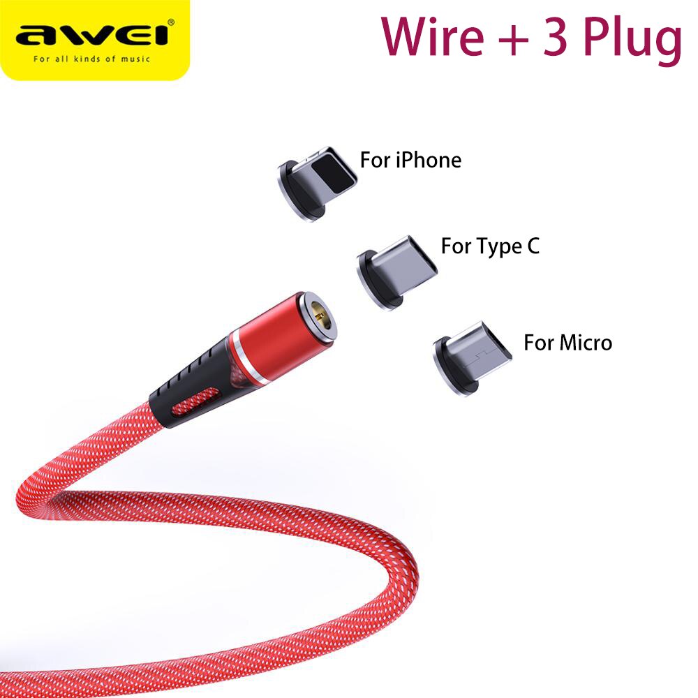 Awei led magnetische kabel 3 in 1 oplaadkabel snel 360 graden type c usb-kabel micro usb magnetische oplader snel voor mobiele telefoon: 3 in 1 rood