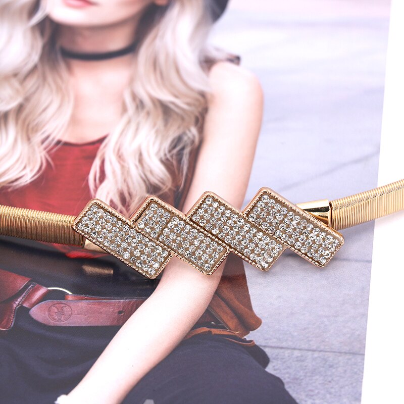 Luxury Imitate Rhinestone Chain Wasit Belt for Dress Stretch Skinny Metal Silver Gold Women Belt Elastic Thin Ladies Belt