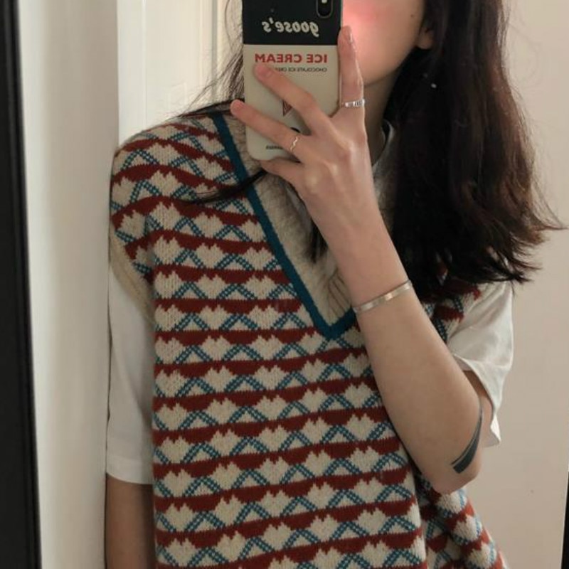 Vests Women Plaid Patchwork Preppy Style Student Popular Vest Girls Tank Knit Loose Street Wear Female Clothing Chic BF Red Cute