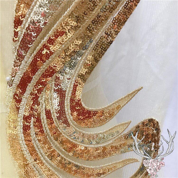 1 stuk 15cm* 71cm saffierblauwe tweekleurige paillettenbloem avondjurk decoratie decoratie ultra-lang geborduurd: Goud