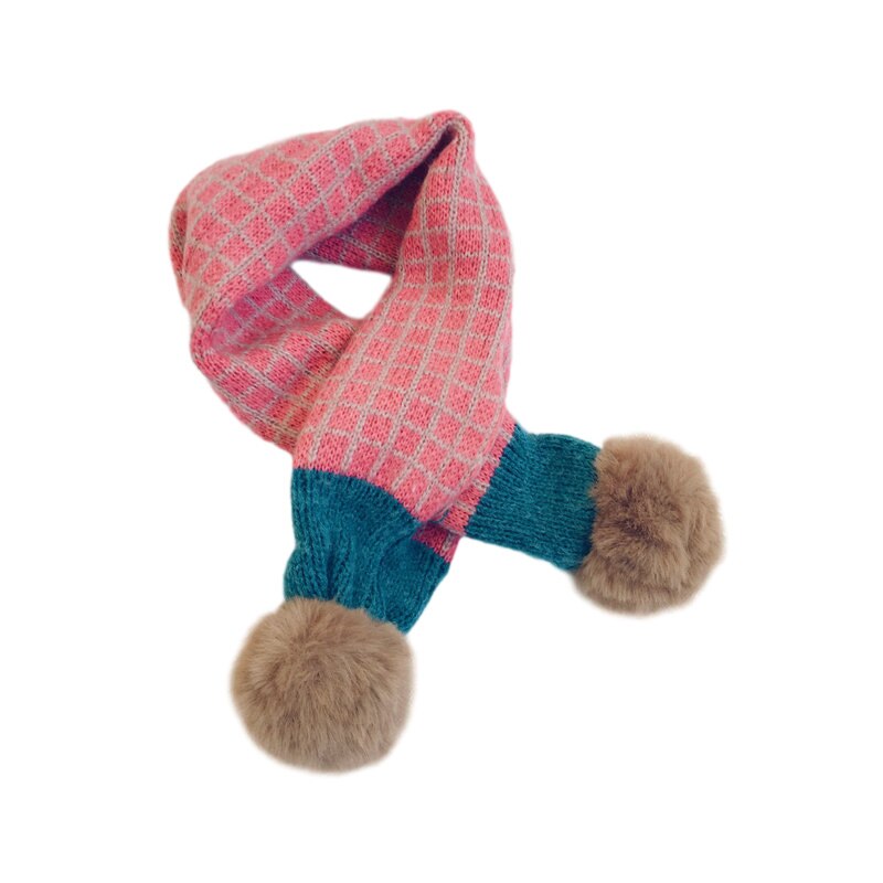 Écharpe tricotée à pompon en fausse fourrure pour enfants, écharpe d&#39;hiver à carreaux pour garçons et filles, cache-cou, accessoires pour bébés: H