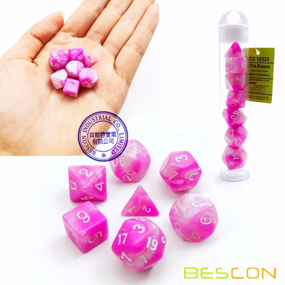 Bescon Mini Gemini Twee Tone Polyhedral Rpg Dobbelstenen Set 10 Mm, kleine Mini Rpg Rol Playing Game Dobbelstenen D4-D20 In Buis, Roze Bloesem