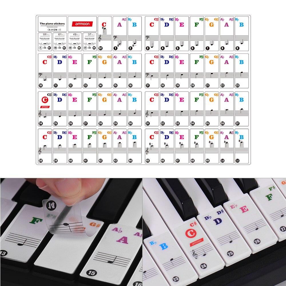 Ammoon Piano Kleurrijke Toetsenbord Stickers Voor 37/ 49/ 61/ 88 Key Toetsenborden Verwijderbare Voor Kinderen Beginners Piano praktijk Leren