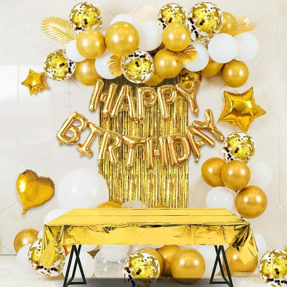 Gold birthday party decoration happy birthday banner balloon gold triangle logo bunting heart star confetti balloon cake top hat
