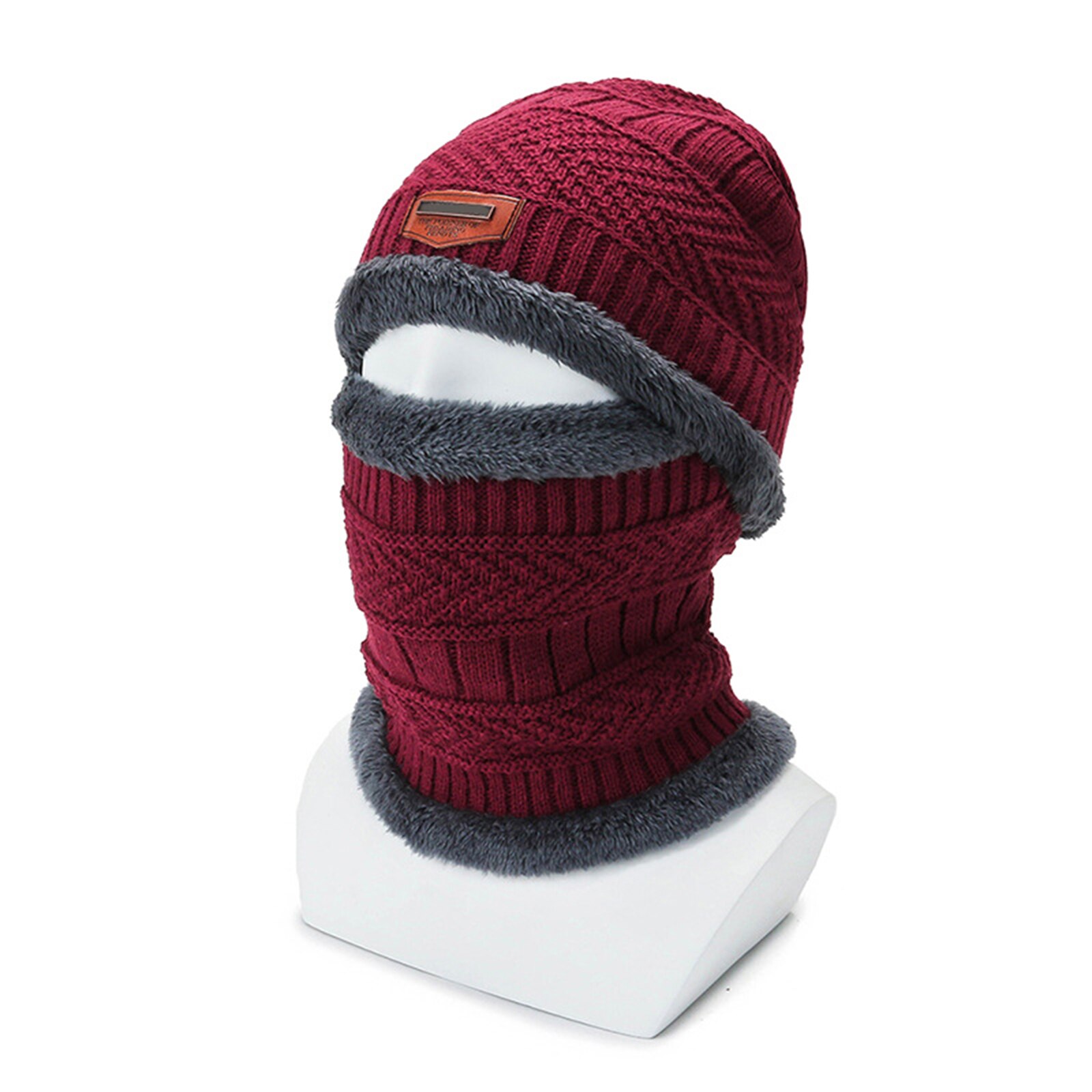 2 in 1 Winter Warm Knit Hat Scarf Set Ear Head Neck Cover Snow Ski Beanie Cap Unisex -OPK: Wine Red