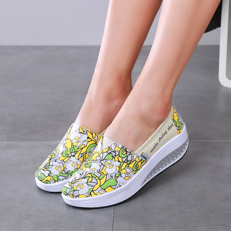 MINIKA Canvas Print Women Swing Shoes Height Increasing Shoes Health Slip-On Shoes Comfort Women Toning Shoes