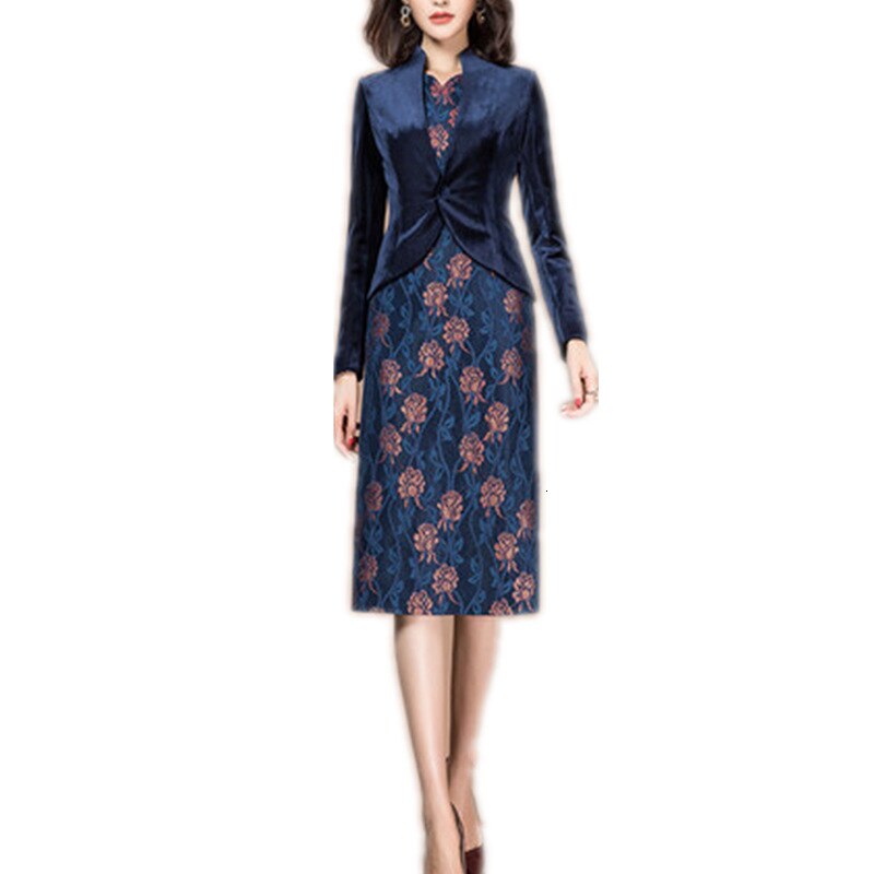 Otoño Invierno trajes mujer Oficina señora terciopelo Blazer chaqueta Floral impreso lápiz longitud de la rodilla vestido de dos piezas Set Ropa de Trabajo