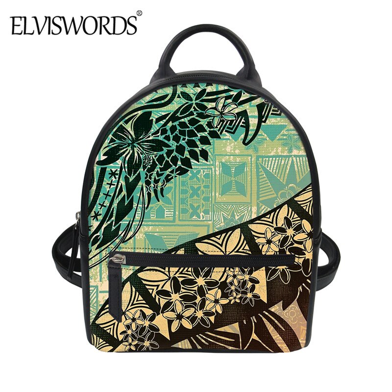 ELVISWORDS-Mini mochila De Cuero PU para Mujer, bolsa para hombro duradera con estampado Tribal polinesiano, Hawái, Plumeria: ZBX2045Z4