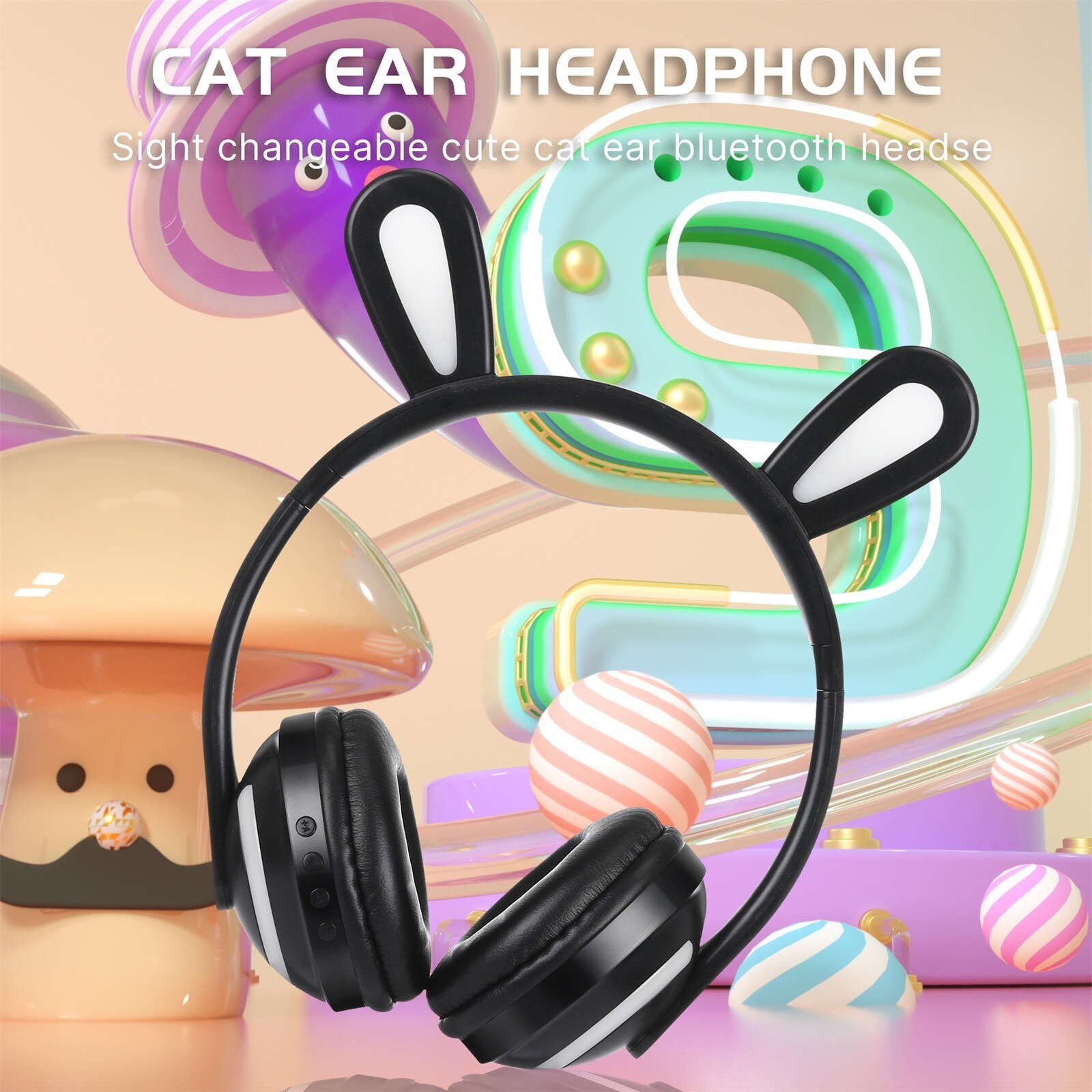 Earphones Wireless Bluetooth Cat Ear Headphones On-Ear Stereo Gaming Headset for Girls Long Lasting Battery