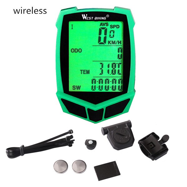 WEST vélo sans fil vélo ordinateur 20 fonctions compteur de vitesse odomètre vélo ordinateur sans fil + vélo chronomètre vélo ordinateur: Green Black Wireless