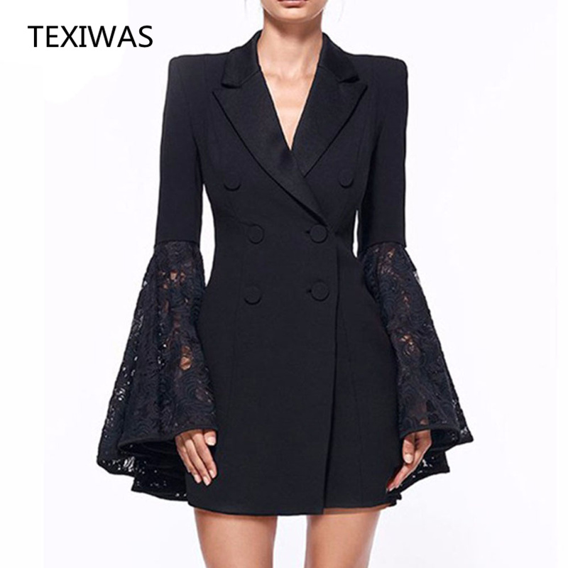 Traje de chaqueta larga a la , vestido de mujer para de negocios, vestido de encaje con manga de volantes, trajes de trabajo ajustados de talla grande,: Black / XXXL