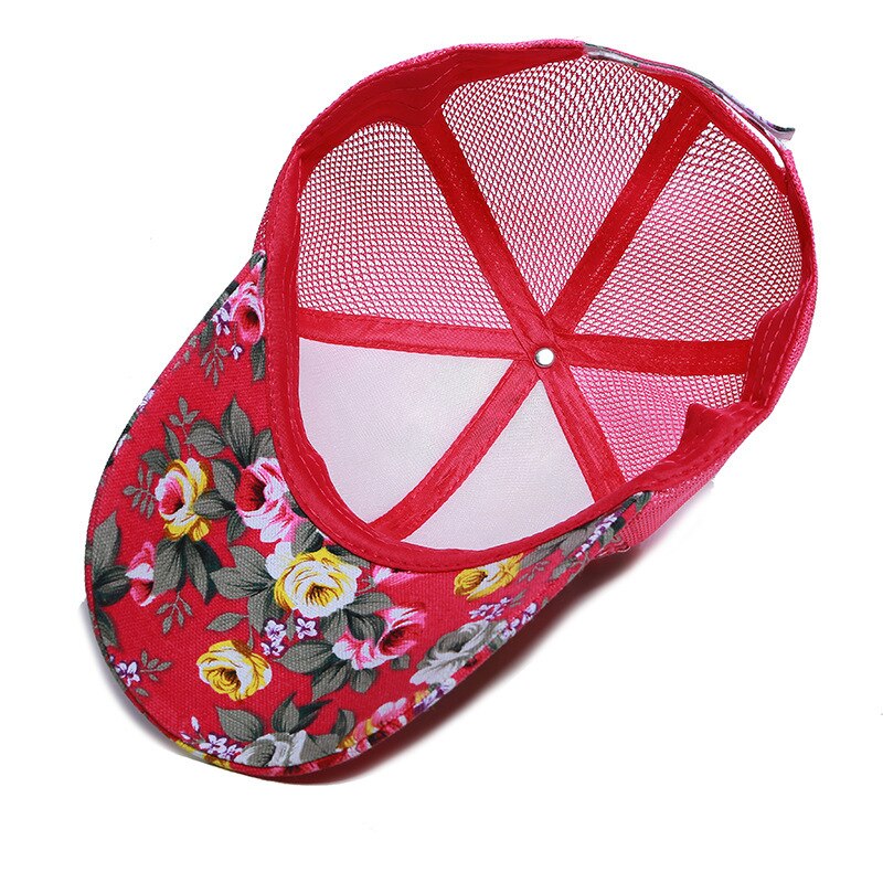 Womens Zomer Caps Netto Trucker Hoed met Gedrukte Bloemen Zwart Rood Blauw Paars