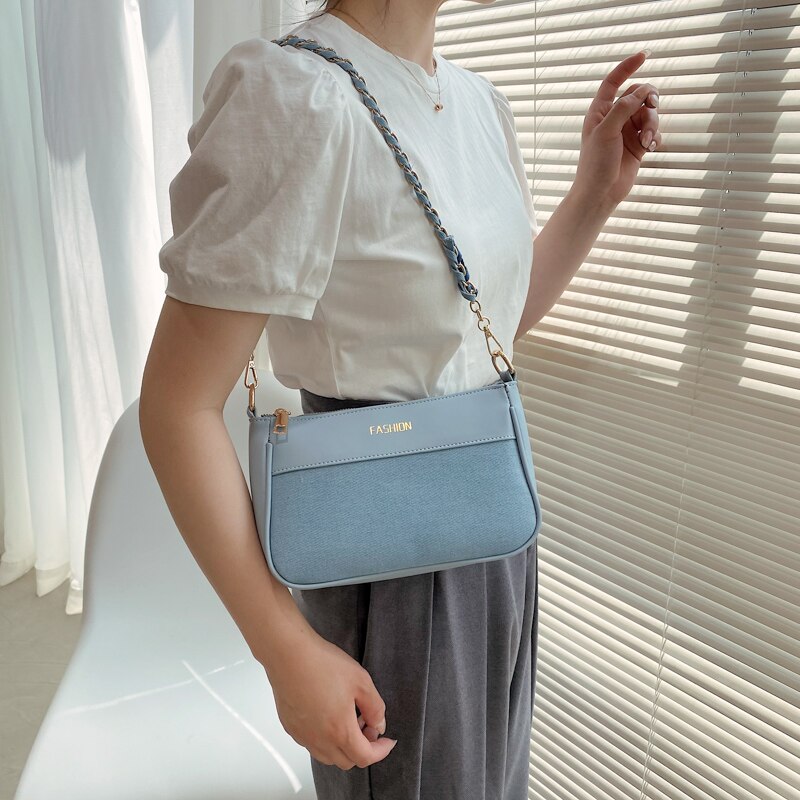 Patchwork Jean Vrouwen Tas Denim Handtas Zachte Pu Lederen Ketting Schoudertassen Panelled Twee Schouderbanden Crossbody tas