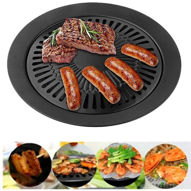 1Pcs Koreaanse Barbecue Plaat Ronde Ijzeren Bbq Grill Plaat Rookloze Non-stick Gasfornuis Plaat Bbq Roosteren Koken tool Sets