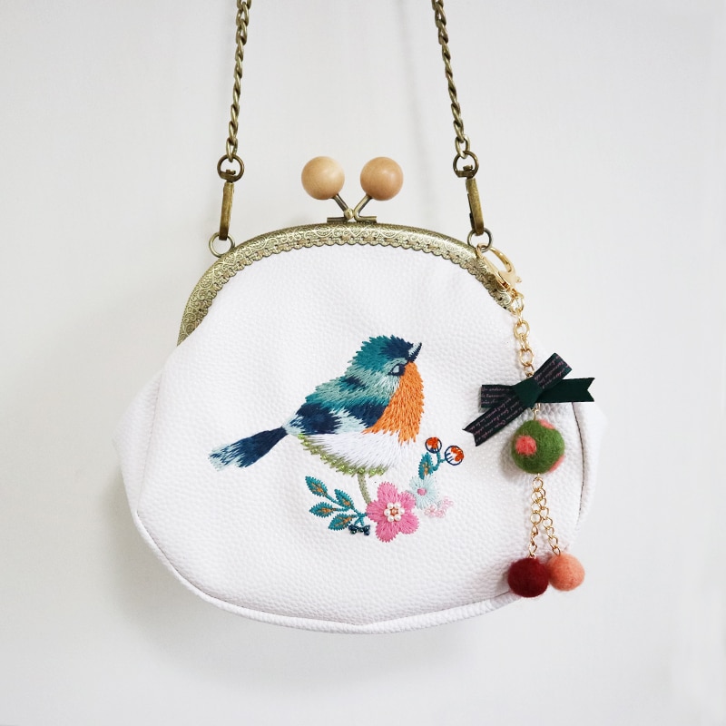 England Mori Style Diamonds Bow Flower PU Chain Embroidery Bird Handmade Wool Felt Women Messenger Shoulder Bag
