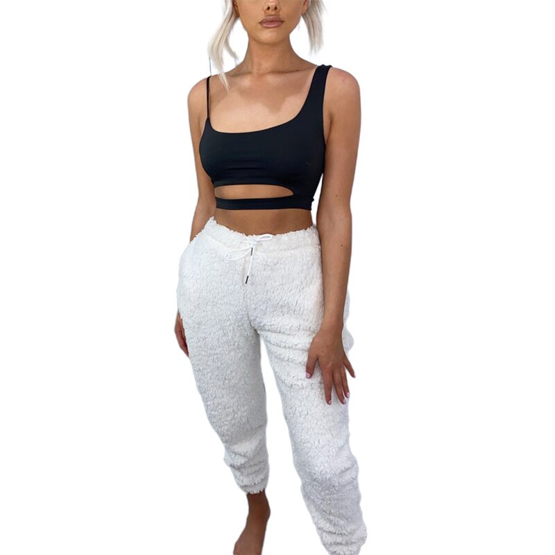 Pantalon pyjama à la cheville pour femmes, poches chaudes, couleur unie, cordon de serrage, taille naturelle, polaire