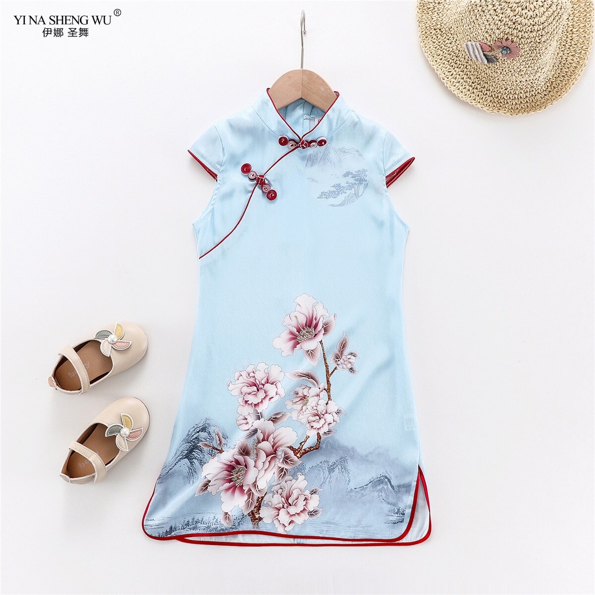 bébé fille été Qipao chinois rose bleu couleurs robes pour enfant nouvel an Style Qipao Cheongsam vêtements vêtements enfants: Blue / 130