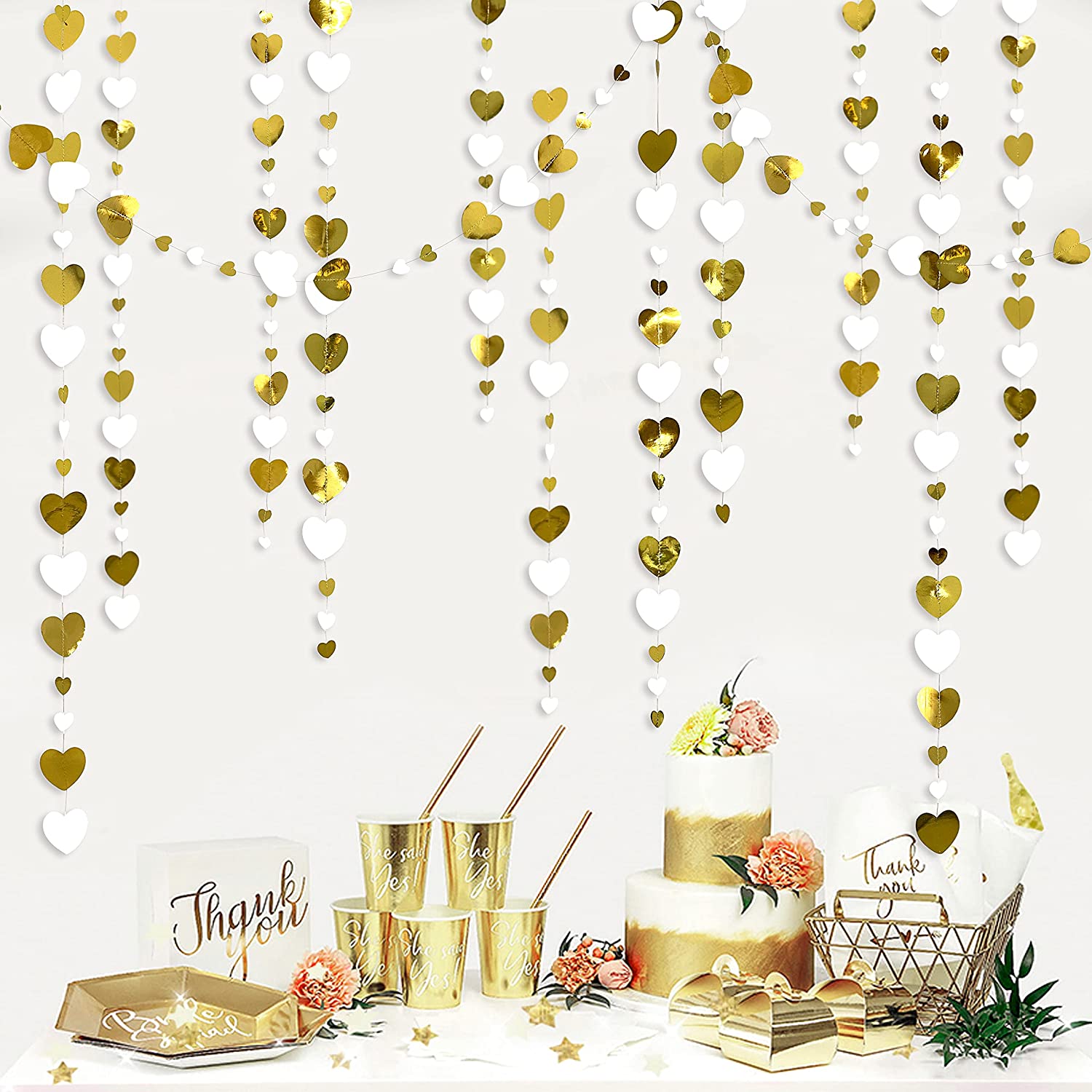 13Ft Papier Weiß Gold Liebe Herz Girlande Stromer Hängen für Bachelorette Hochzeit Braut Dusche Baby Geburtstag Party Dekorationen: Gold Weiß