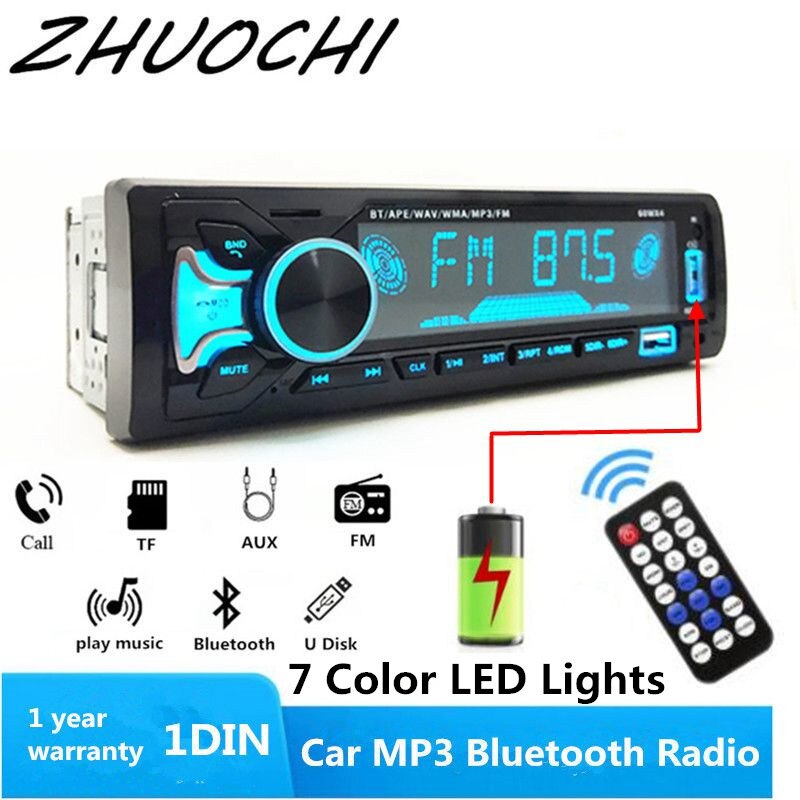 1DIN 12V Auto Radio Audio Bluetooth Stereo MP3 Speler Fm Ontvanger 60Wx4 Met Kleurrijke Verlichting Aux/Usb/tf Card In Dash Kit